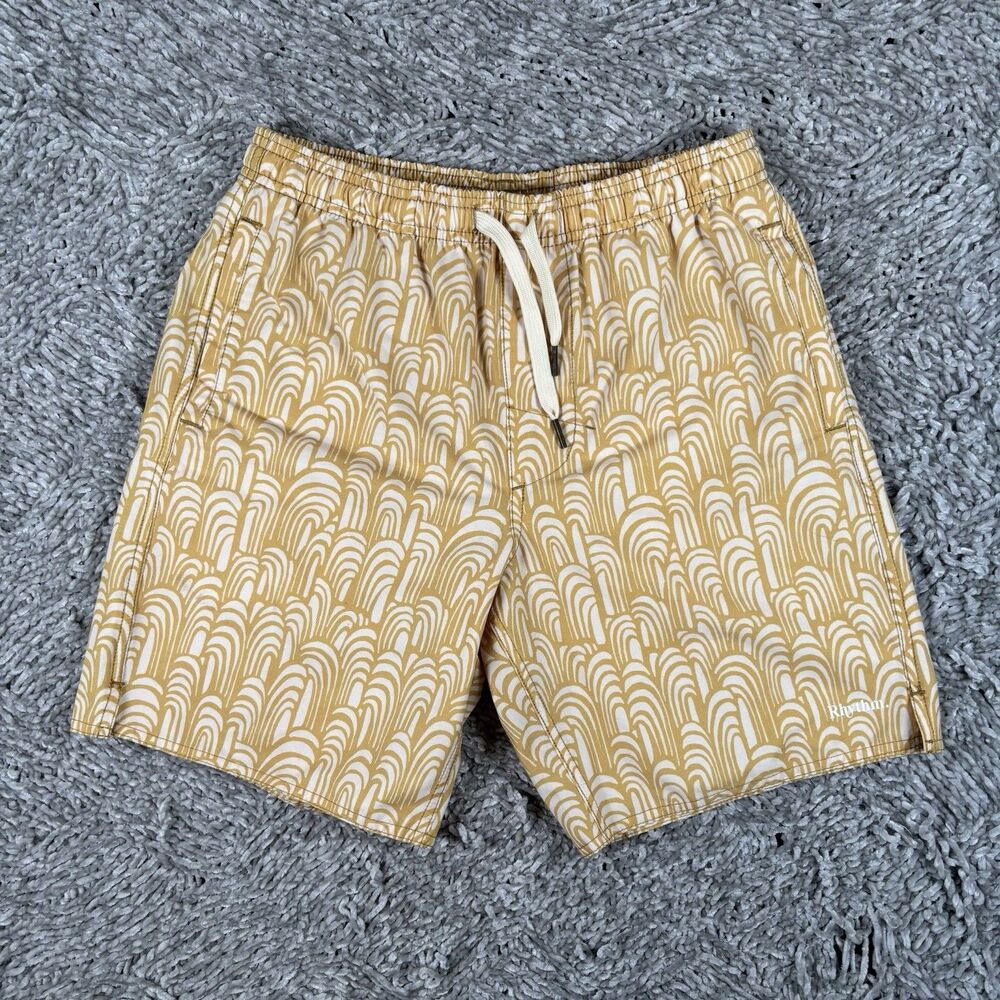 Rhythm Mens Size 30 Linerless Volley Swim Trunks Yellow Wave Print Side Pockets